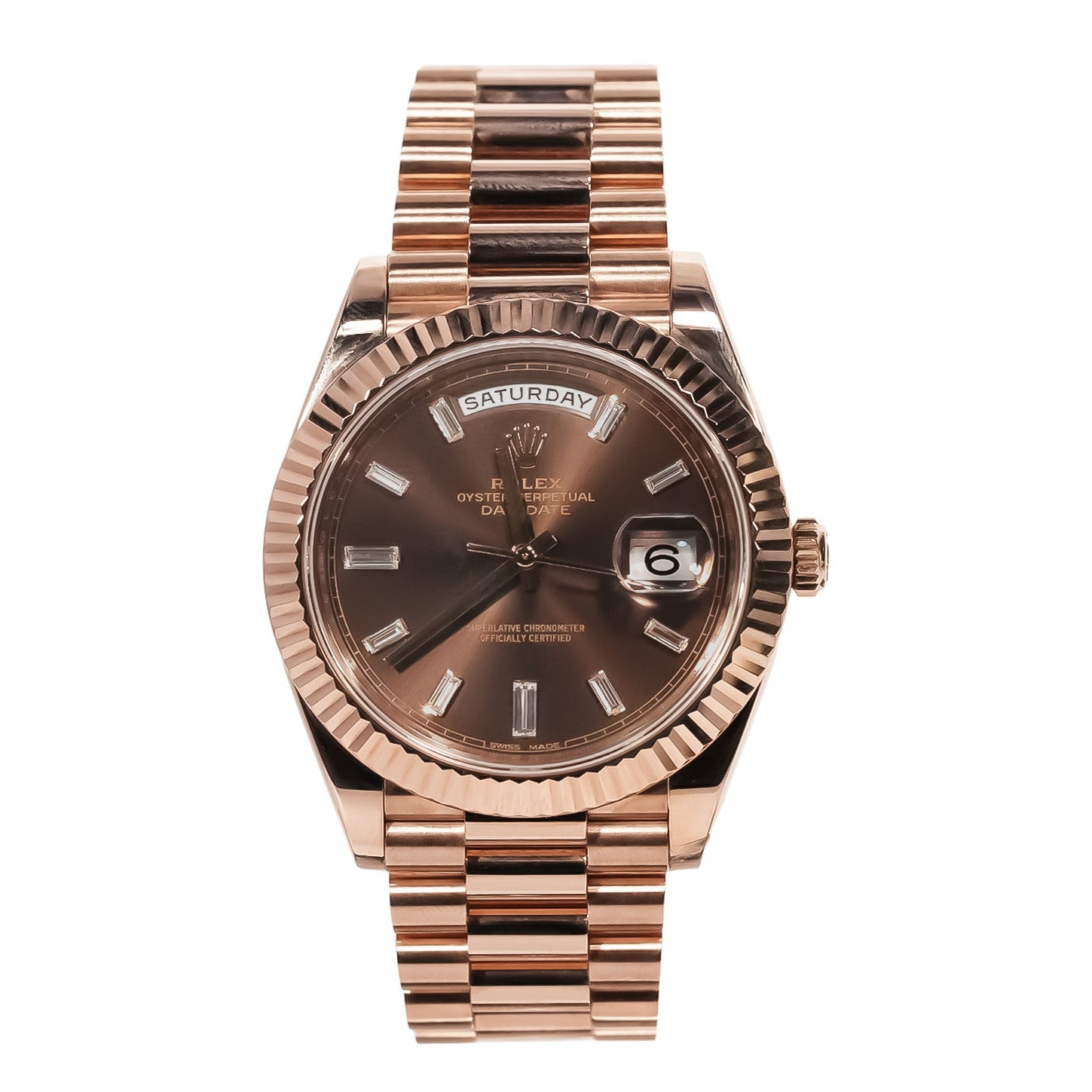 Rolex Day - Date 40mm Everose Gold Chocolate Baguette Diamond Dial Ref:228235 - Mr. Alex Jewelry