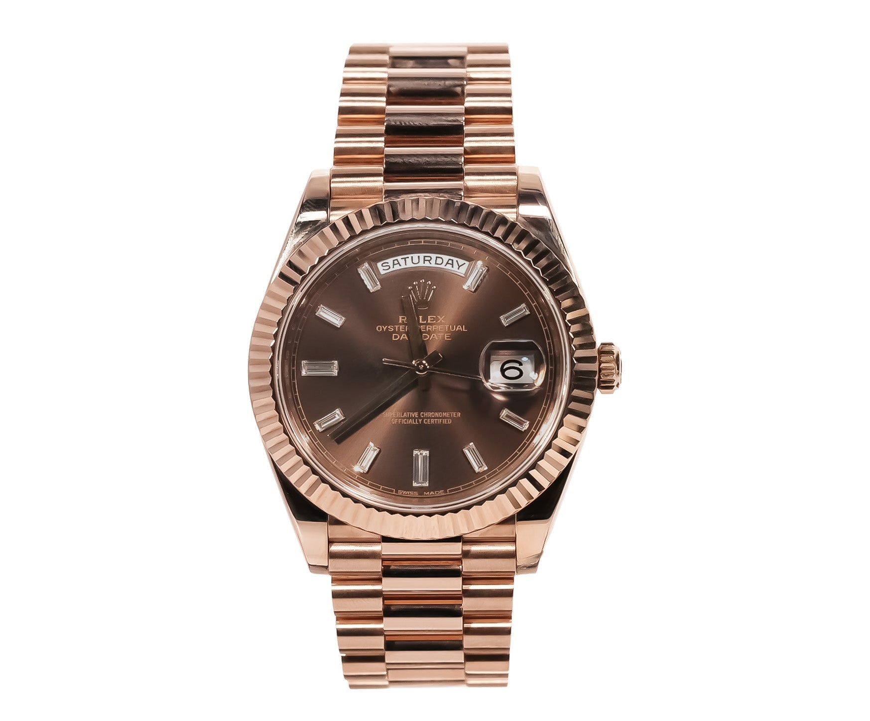 Rolex Day - Date 40mm Everose Gold Chocolate Baguette Diamond Dial Ref:228235 - Mr. Alex Jewelry