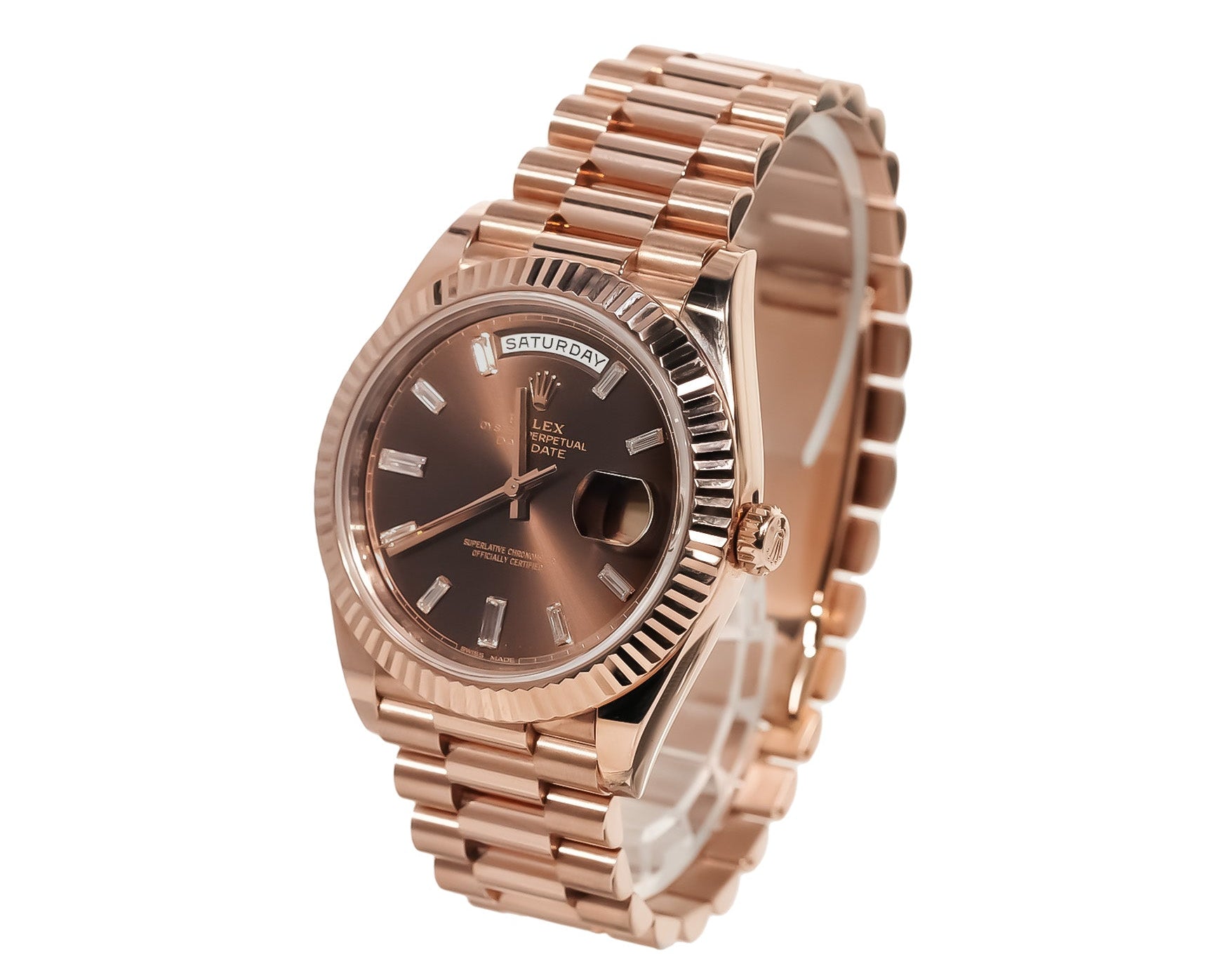 Rolex Day - Date 40mm Everose Gold Chocolate Baguette Diamond Dial Ref:228235 - Mr. Alex Jewelry