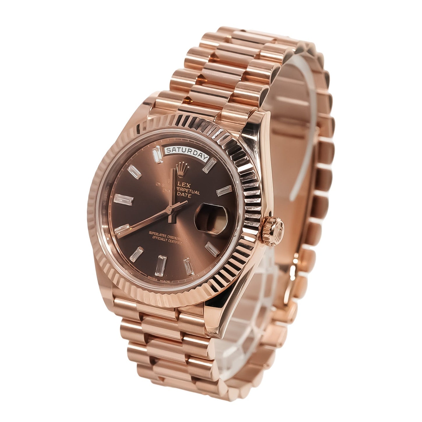 Rolex Day - Date 40mm Everose Gold Chocolate Baguette Diamond Dial Ref:228235 - Mr. Alex Jewelry