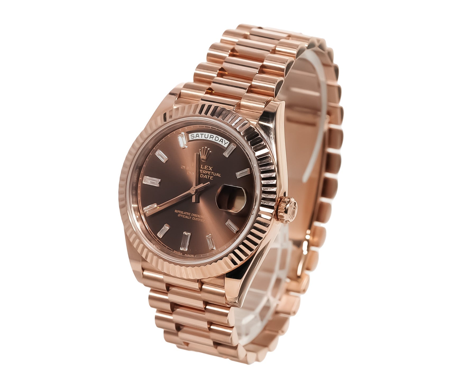Rolex Day - Date 40mm Everose Gold Chocolate Baguette Diamond Dial Ref:228235 - Mr. Alex Jewelry