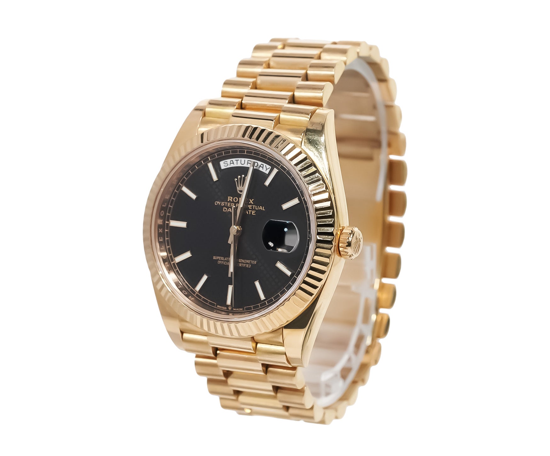 Rolex Day - Date 40mm Yellow Gold Black Motif Stick Dial Ref:228238 - Mr. Alex Jewelry