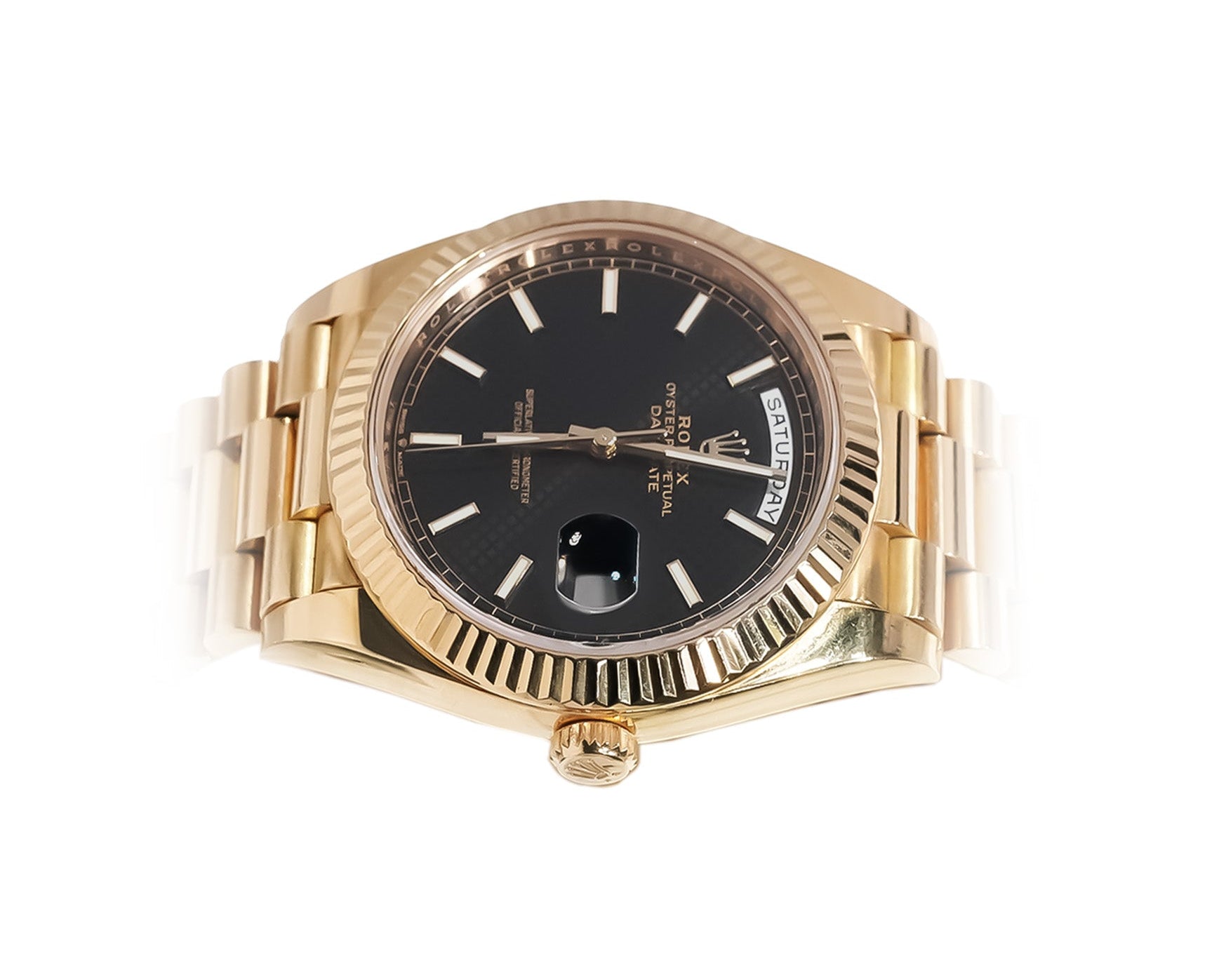 Rolex Day - Date 40mm Yellow Gold Black Motif Stick Dial Ref:228238 - Mr. Alex Jewelry