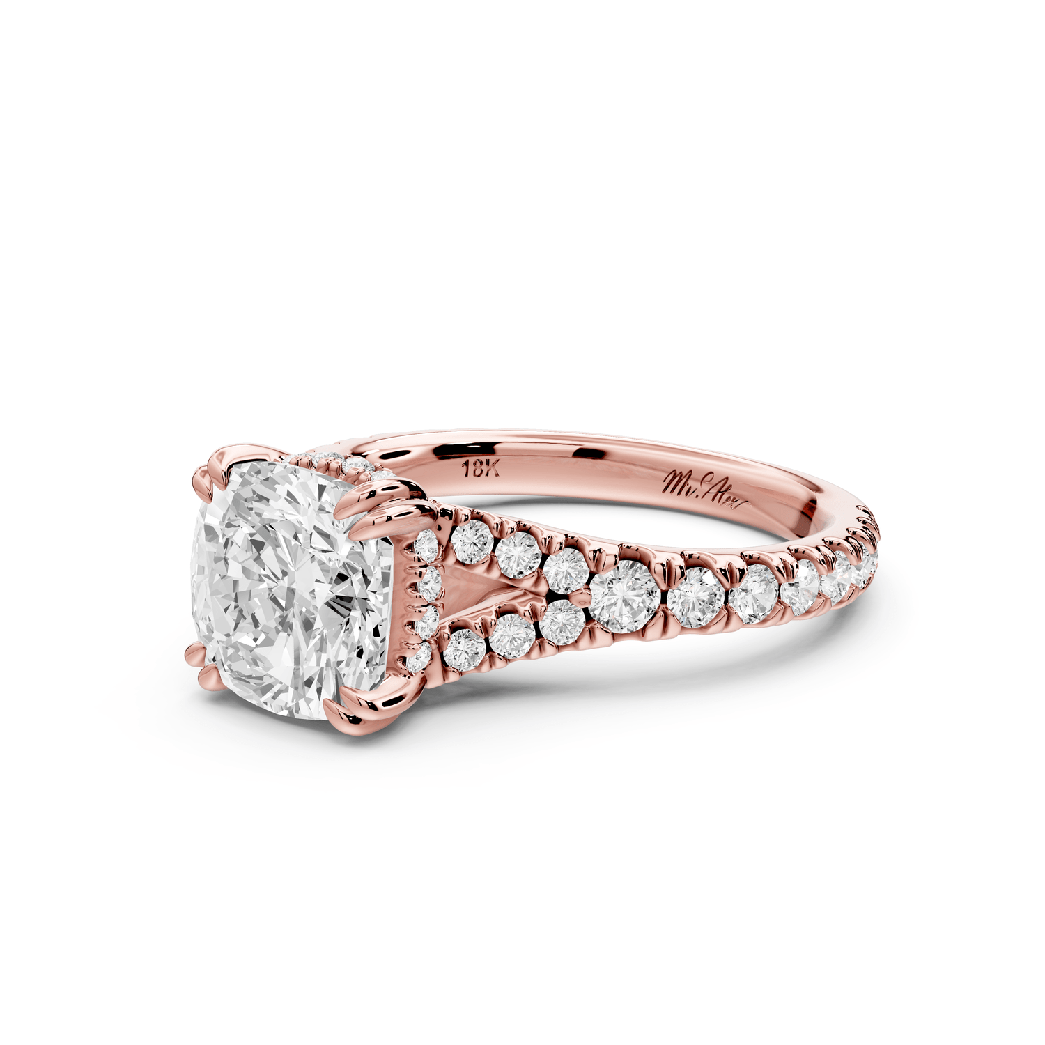 Rosalie - 2ct 14k rose gold cushion Pavé Cathedral Hidden Halo with Diamond Bridge split shank Engagement Ring - Mr. Alex Jewelry