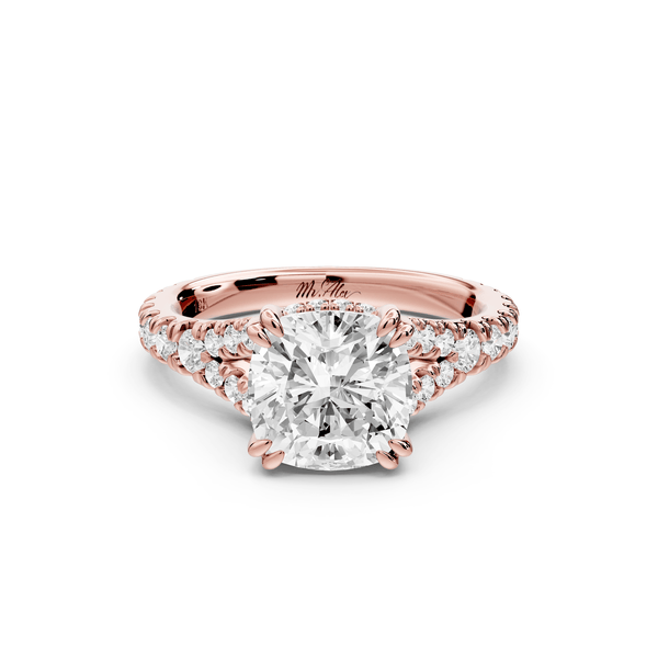 Rosalie - 2ct 14k rose gold cushion Pavé Cathedral Hidden Halo with Diamond Bridge split shank Engagement Ring - Mr. Alex Jewelry