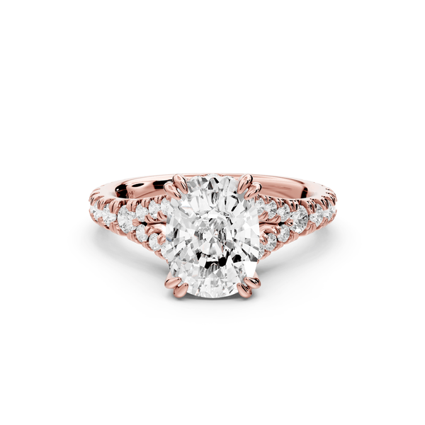 Rosalie - 2ct 14k rose gold ecushion Pavé Cathedral Hidden Halo with Diamond Bridge split shank Engagement Ring - Mr. Alex Jewelry