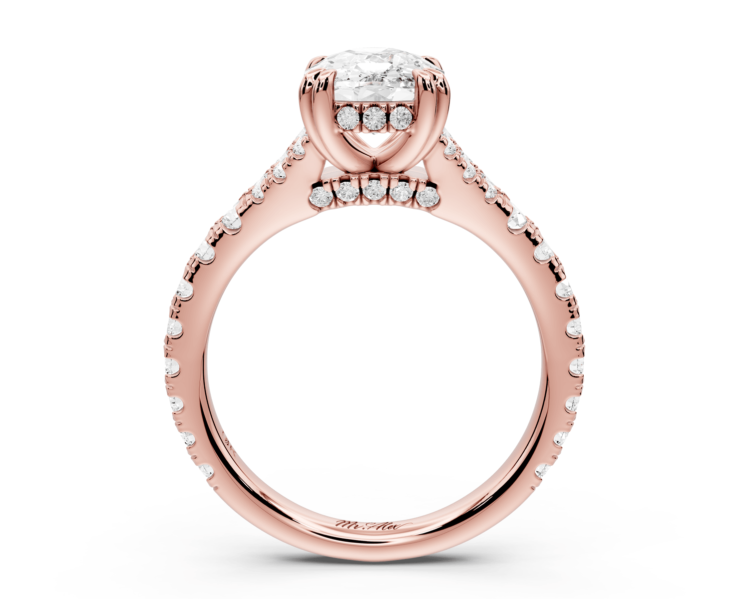 Rosalie - 2ct 14k rose gold ecushion Pavé Cathedral Hidden Halo with Diamond Bridge split shank Engagement Ring - Mr. Alex Jewelry