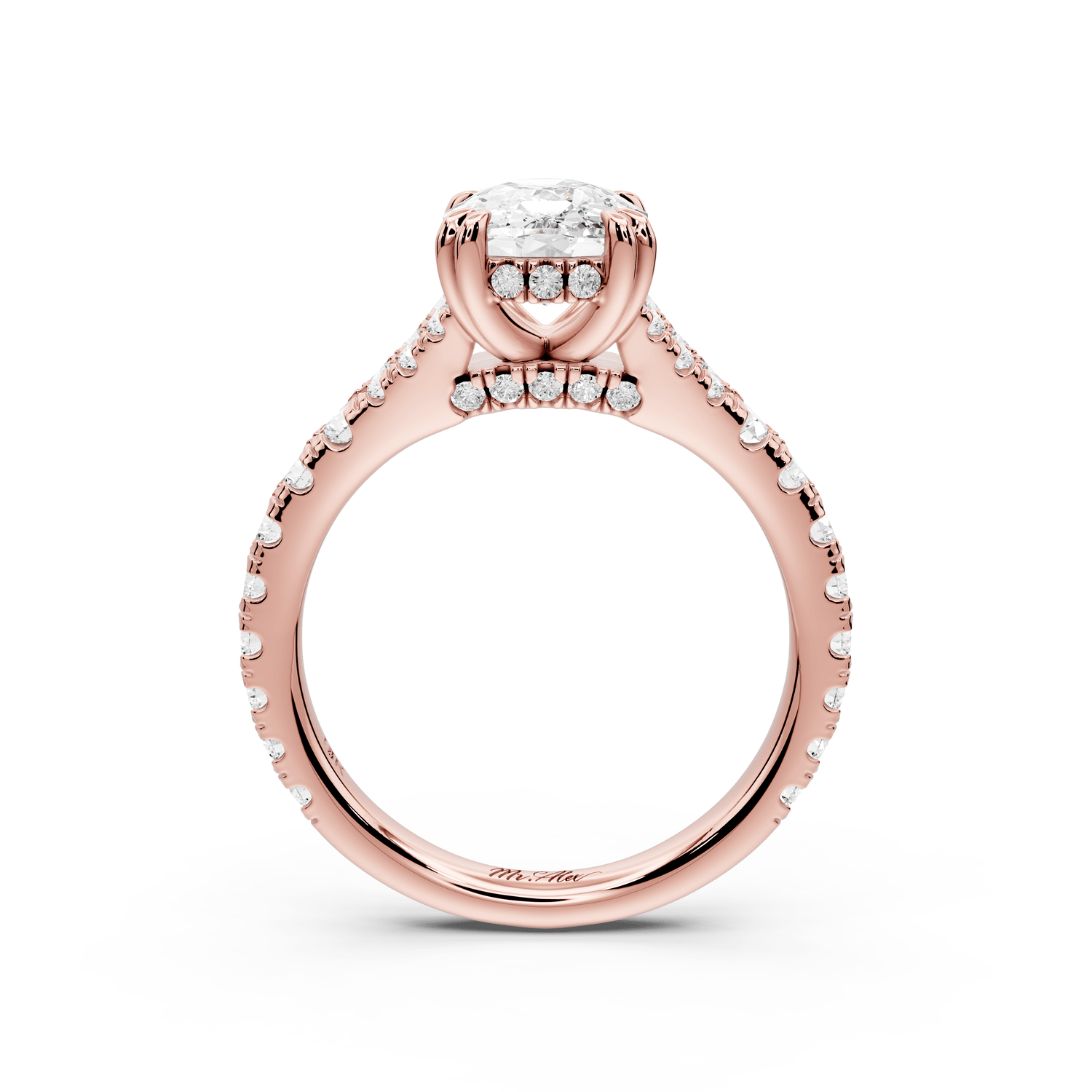 Rosalie - 2ct 14k rose gold ecushion Pavé Cathedral Hidden Halo with Diamond Bridge split shank Engagement Ring - Mr. Alex Jewelry