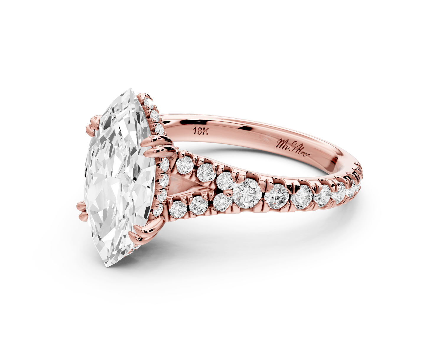 Rosalie - 2ct 14k rose gold marquise Pavé Cathedral Hidden Halo with Diamond Bridge split shank Engagement Ring - Mr. Alex Jewelry