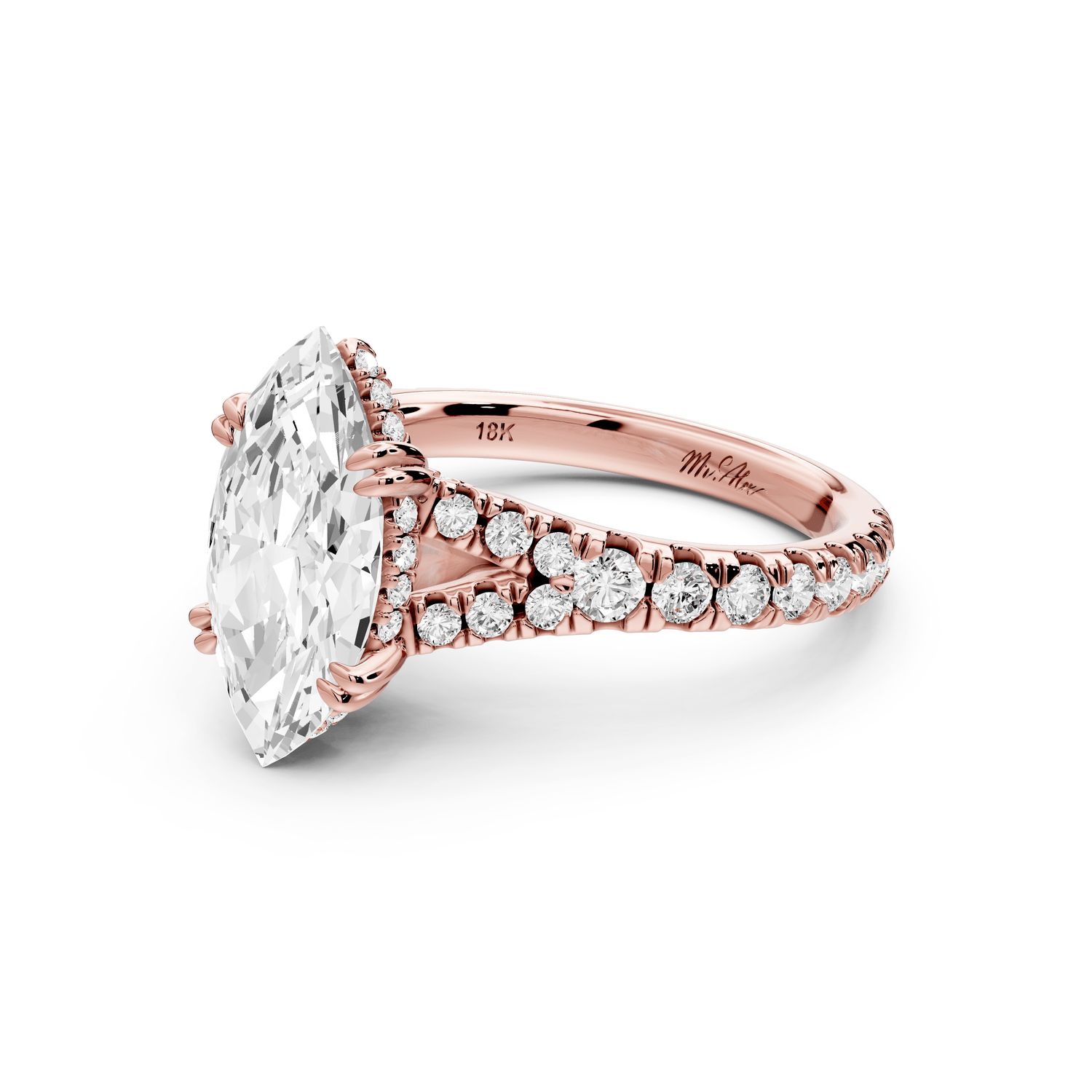 Rosalie - 2ct 14k rose gold marquise Pavé Cathedral Hidden Halo with Diamond Bridge split shank Engagement Ring - Mr. Alex Jewelry