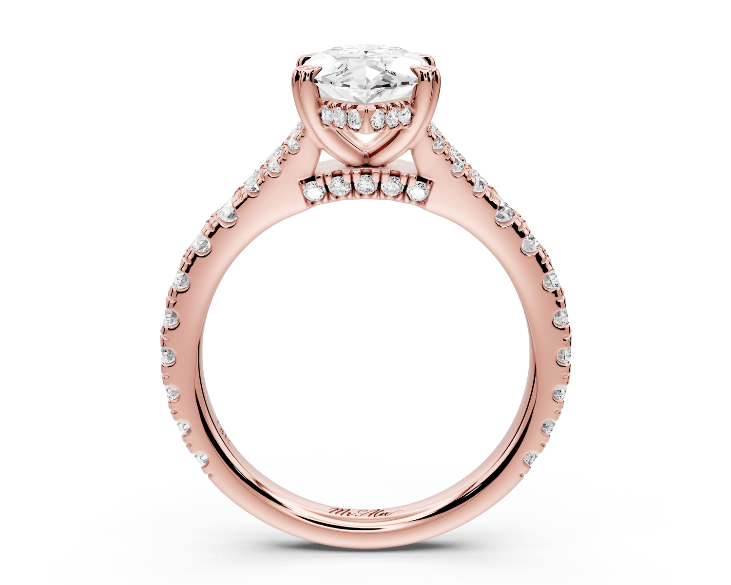 Rosalie - 2ct 14k rose gold marquise Pavé Cathedral Hidden Halo with Diamond Bridge split shank Engagement Ring - Mr. Alex Jewelry