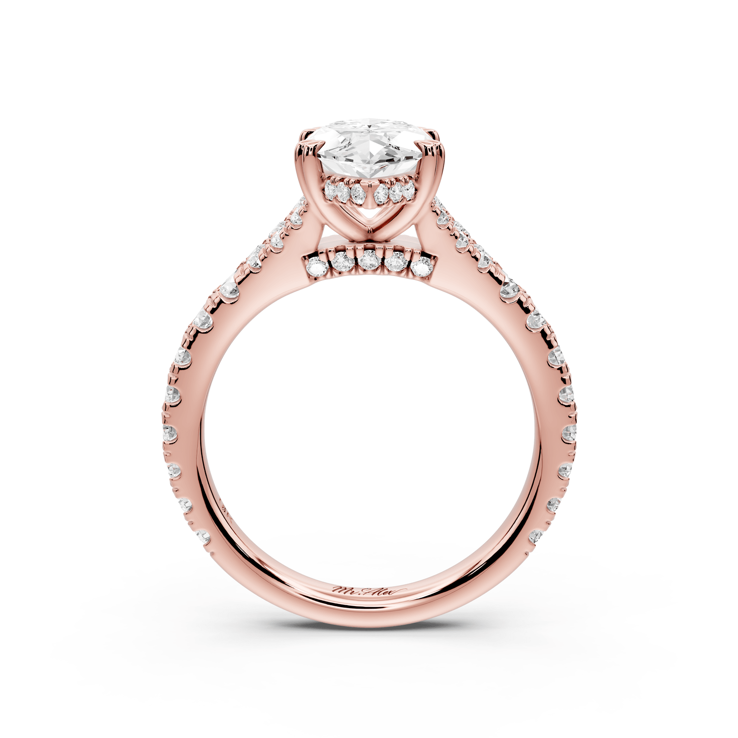Rosalie - 2ct 14k rose gold marquise Pavé Cathedral Hidden Halo with Diamond Bridge split shank Engagement Ring - Mr. Alex Jewelry