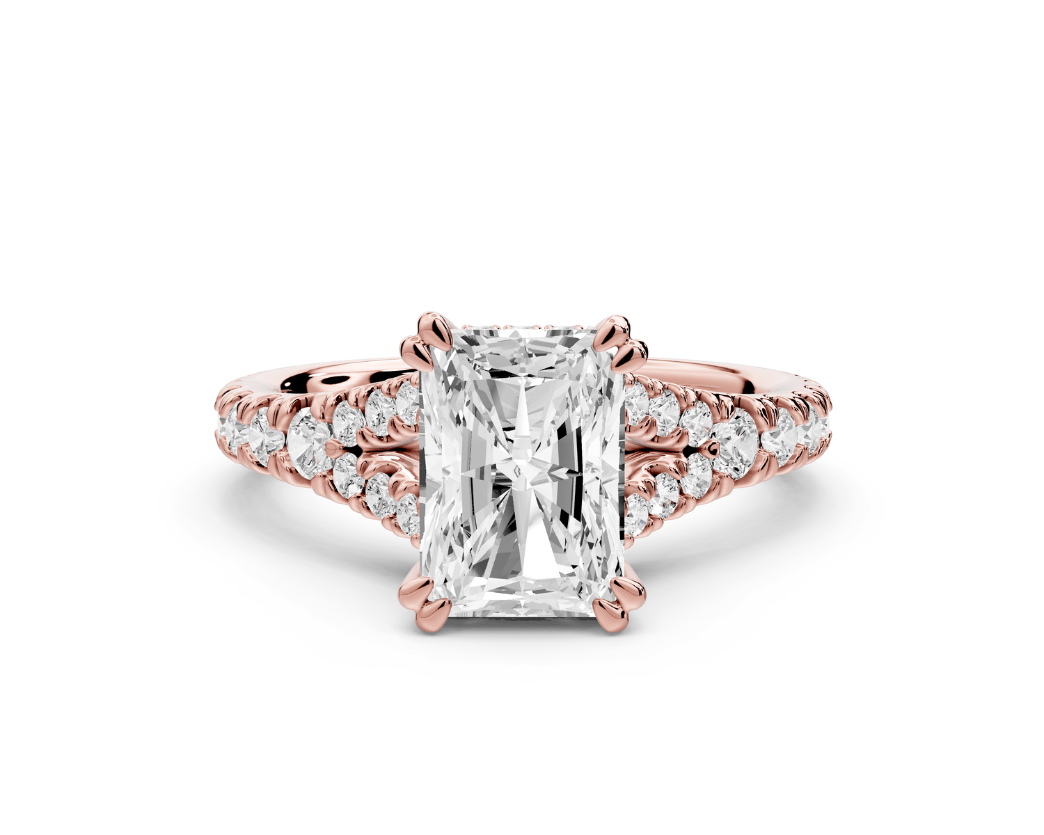 Rosalie - 2ct 14k rose gold radiant Pavé Cathedral Hidden Halo with Diamond Bridge split shank Engagement Ring - Mr. Alex Jewelry