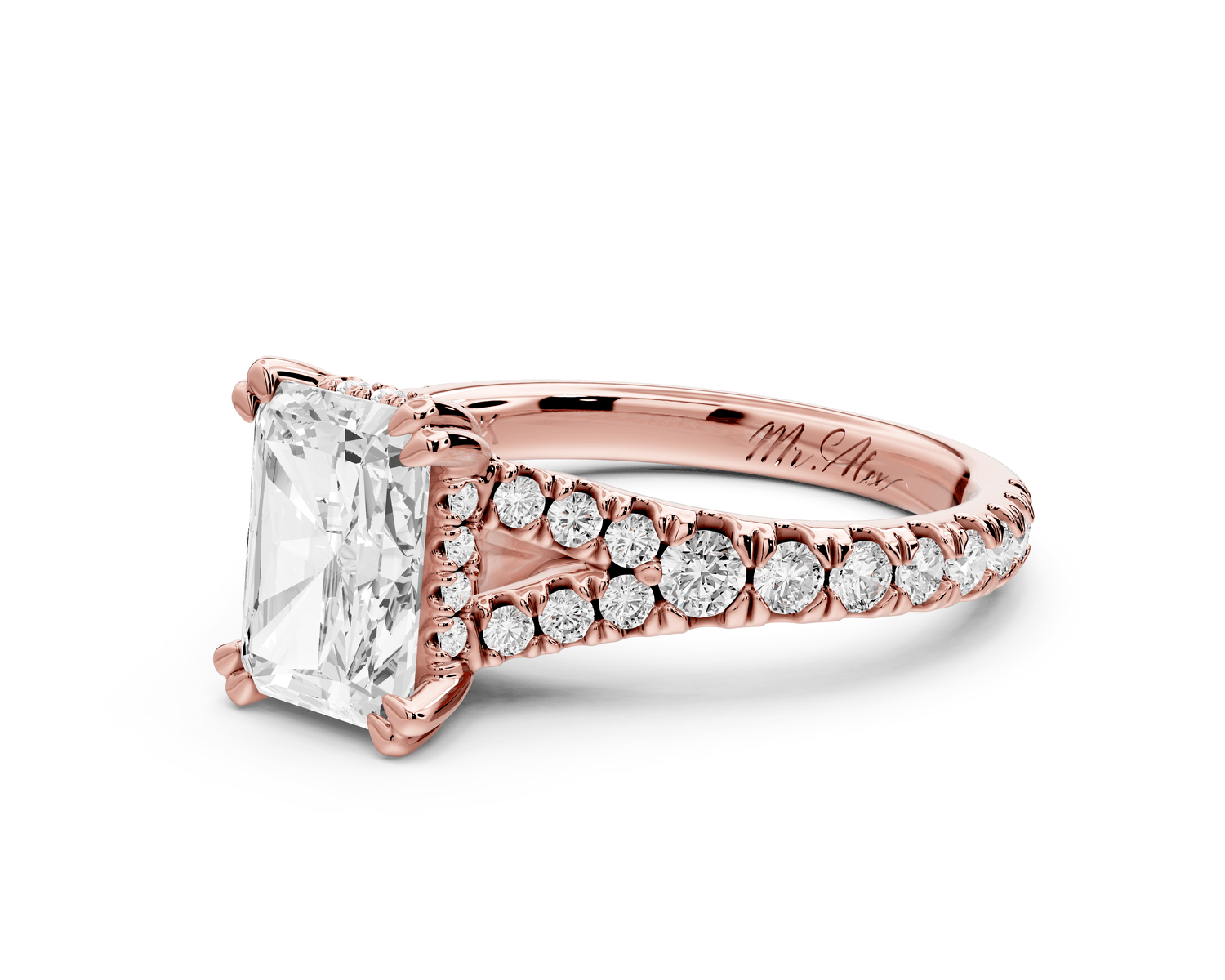 Rosalie - 2ct 14k rose gold radiant Pavé Cathedral Hidden Halo with Diamond Bridge split shank Engagement Ring - Mr. Alex Jewelry