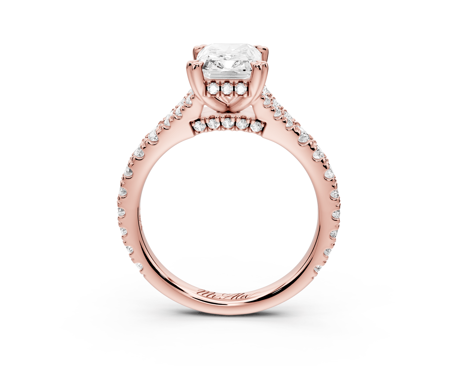 Rosalie - 2ct 14k rose gold radiant Pavé Cathedral Hidden Halo with Diamond Bridge split shank Engagement Ring - Mr. Alex Jewelry