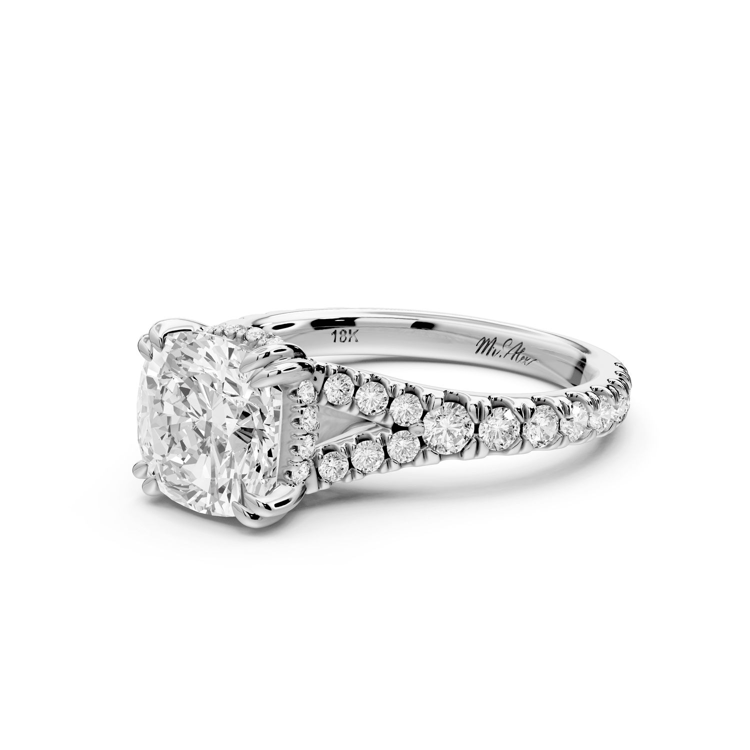 Rosalie - 2ct 14k white gold cushion Pavé Cathedral Hidden Halo with Diamond Bridge split shank Engagement Ring - Mr. Alex Jewelry