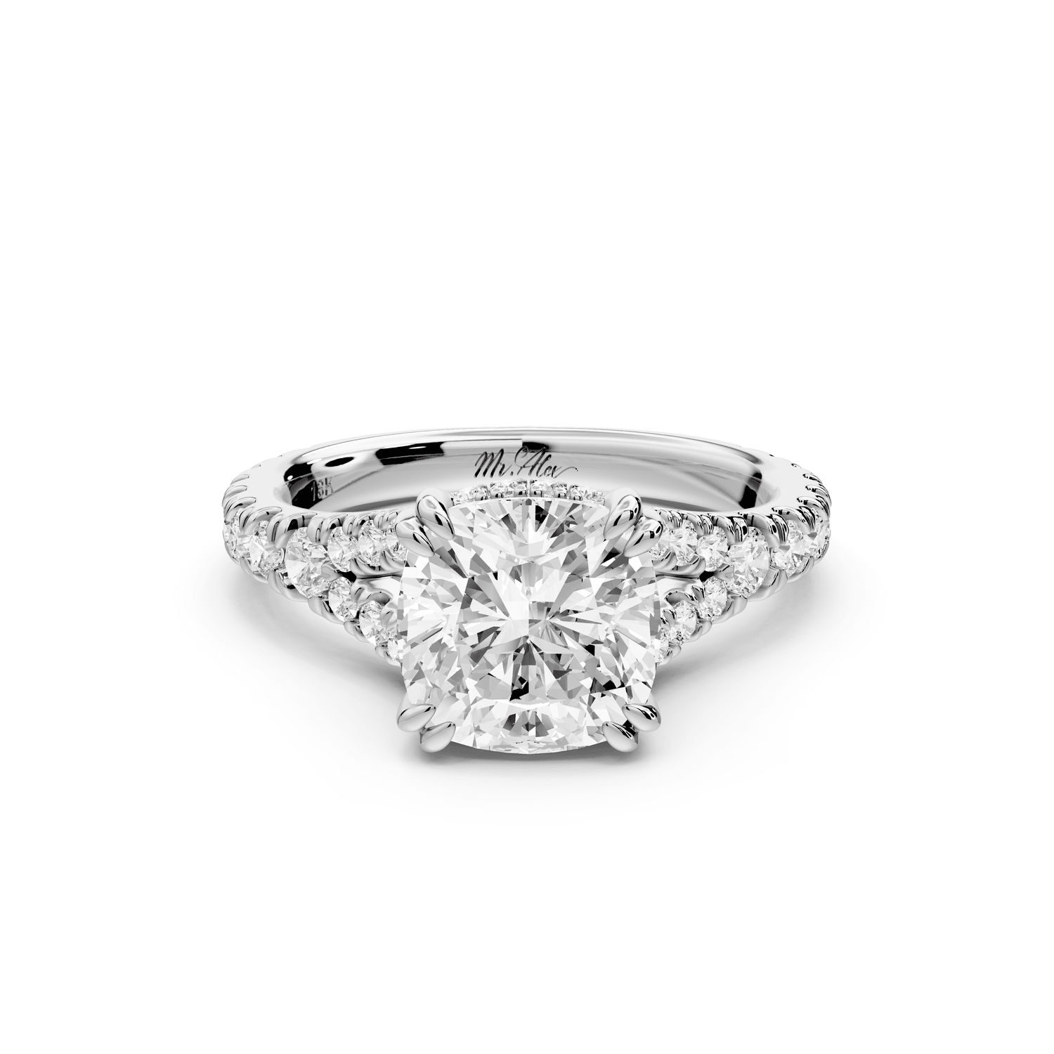 Rosalie - 2ct 14k white gold cushion Pavé Cathedral Hidden Halo with Diamond Bridge split shank Engagement Ring - Mr. Alex Jewelry
