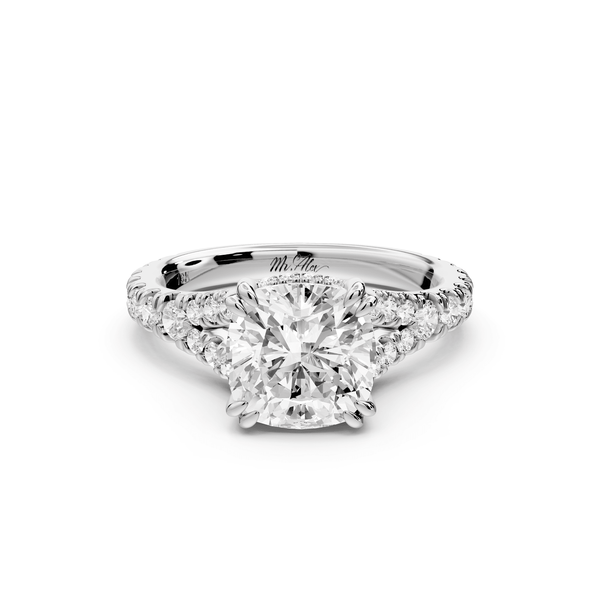 Rosalie - 2ct 14k white gold cushion Pavé Cathedral Hidden Halo with Diamond Bridge split shank Engagement Ring - Mr. Alex Jewelry