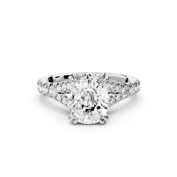 Rosalie - 2ct 14k white gold ecushion Pavé Cathedral Hidden Halo with Diamond Bridge split shank Engagement Ring - Mr. Alex Jewelry