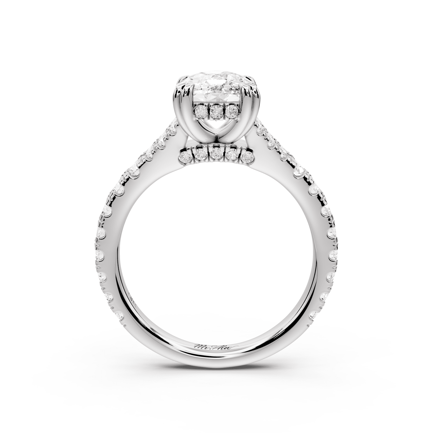 Rosalie - 2ct 14k white gold ecushion Pavé Cathedral Hidden Halo with Diamond Bridge split shank Engagement Ring - Mr. Alex Jewelry
