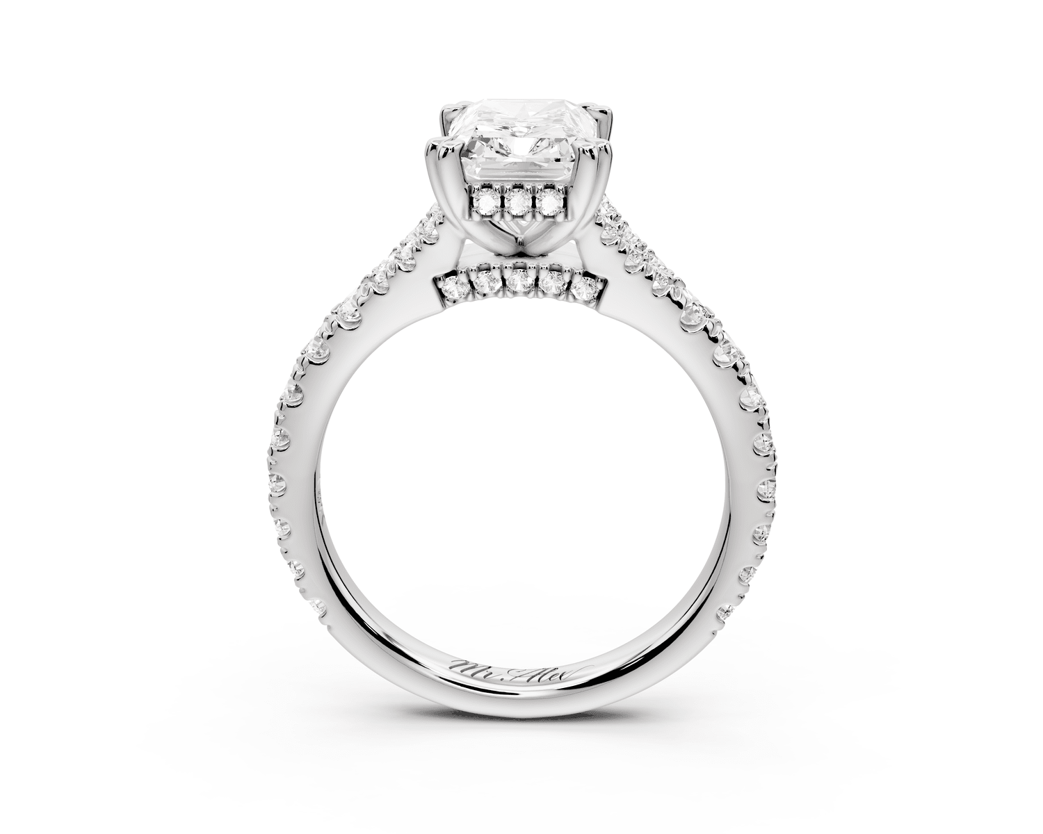 Rosalie - 2ct 14k white gold radiant Pavé Cathedral Hidden Halo with Diamond Bridge split shank Engagement Ring - Mr. Alex Jewelry