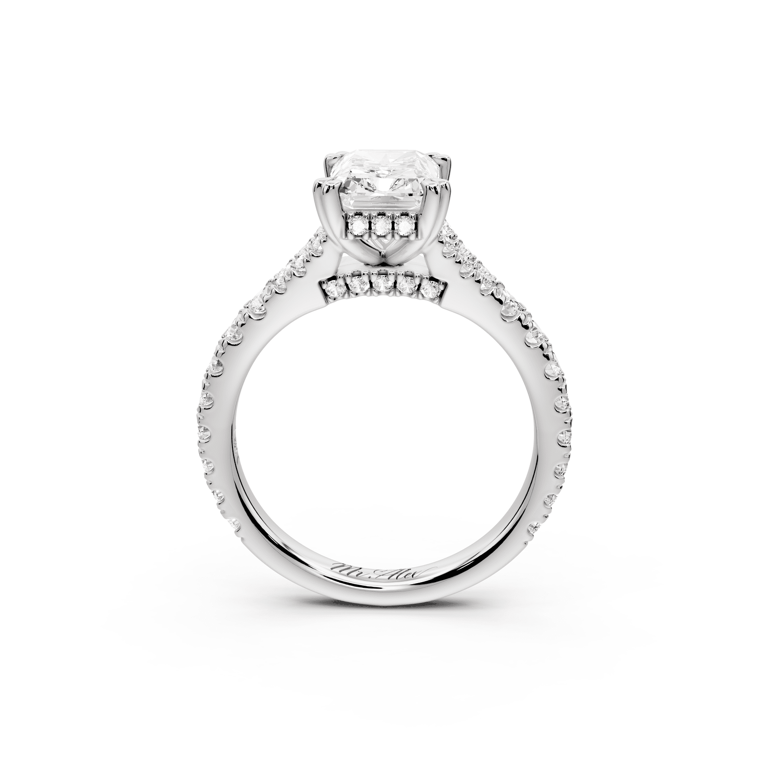 Rosalie - 2ct 14k white gold radiant Pavé Cathedral Hidden Halo with Diamond Bridge split shank Engagement Ring - Mr. Alex Jewelry