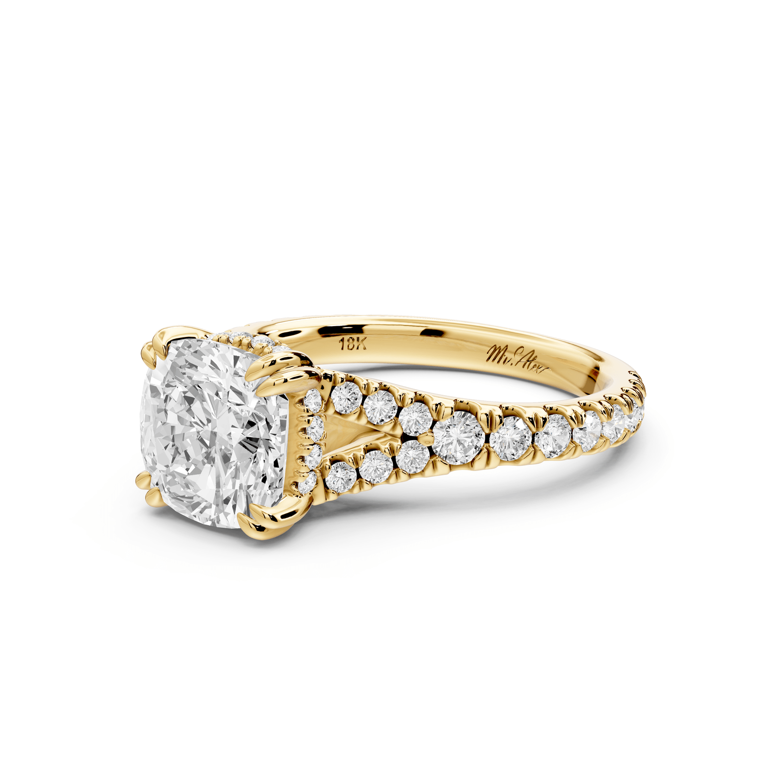 Rosalie - 2ct 14k yellow gold cushion Pavé Cathedral Hidden Halo with Diamond Bridge split shank Engagement Ring - Mr. Alex Jewelry
