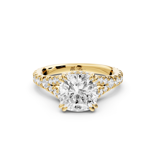Rosalie - 2ct 14k yellow gold cushion Pavé Cathedral Hidden Halo with Diamond Bridge split shank Engagement Ring - Mr. Alex Jewelry