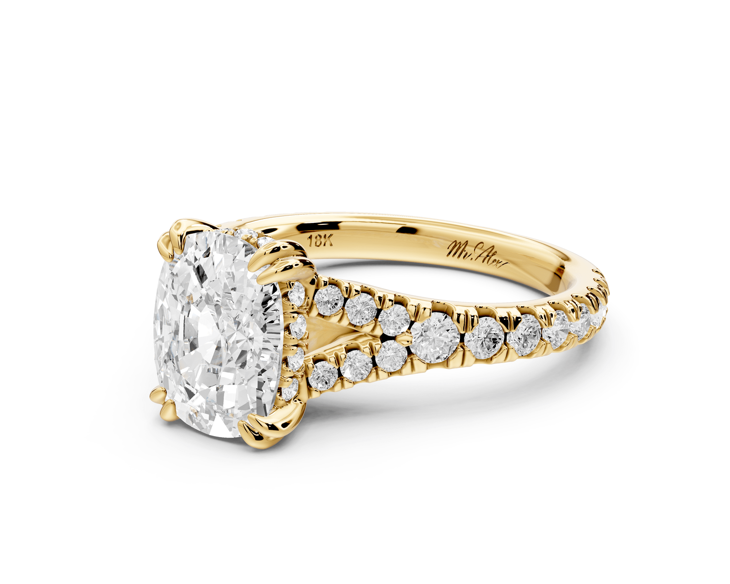 Rosalie - 2ct 14k yellow gold ecushion Pavé Cathedral Hidden Halo with Diamond Bridge split shank Engagement Ring - Mr. Alex Jewelry