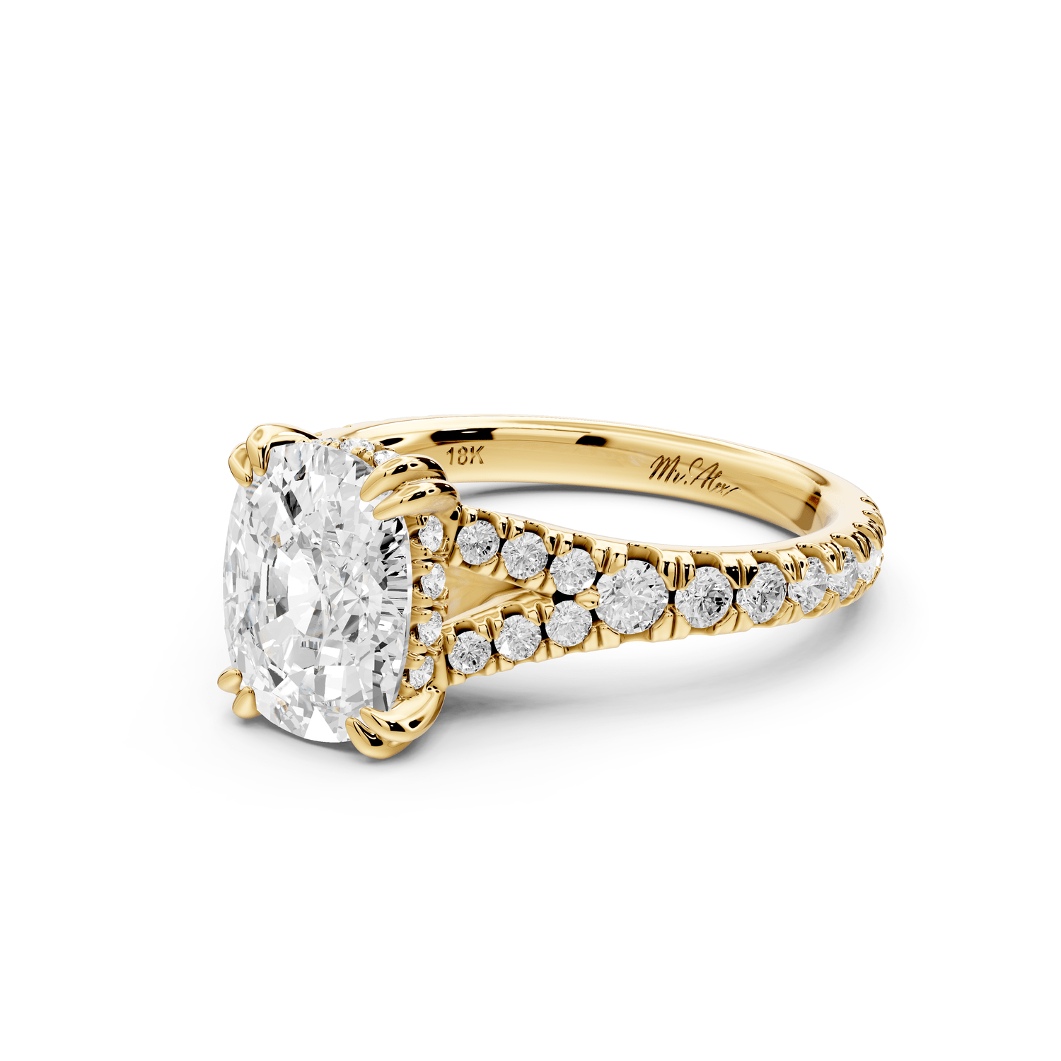Rosalie - 2ct 14k yellow gold ecushion Pavé Cathedral Hidden Halo with Diamond Bridge split shank Engagement Ring - Mr. Alex Jewelry