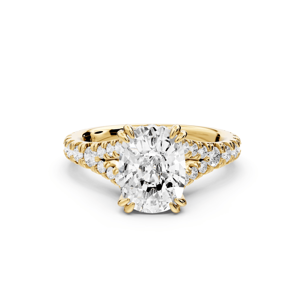 Rosalie - 2ct 14k yellow gold ecushion Pavé Cathedral Hidden Halo with Diamond Bridge split shank Engagement Ring - Mr. Alex Jewelry
