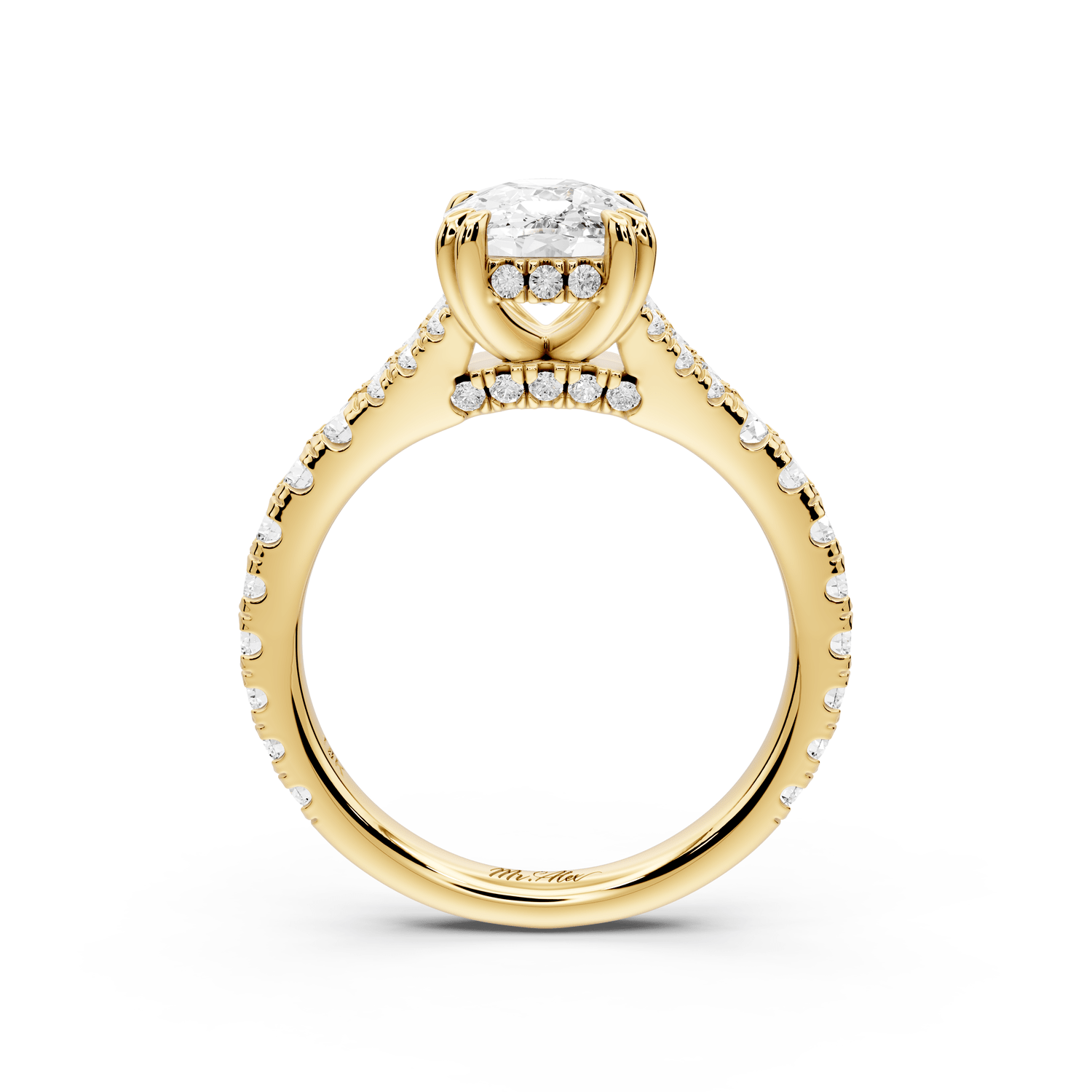 Rosalie - 2ct 14k yellow gold ecushion Pavé Cathedral Hidden Halo with Diamond Bridge split shank Engagement Ring - Mr. Alex Jewelry