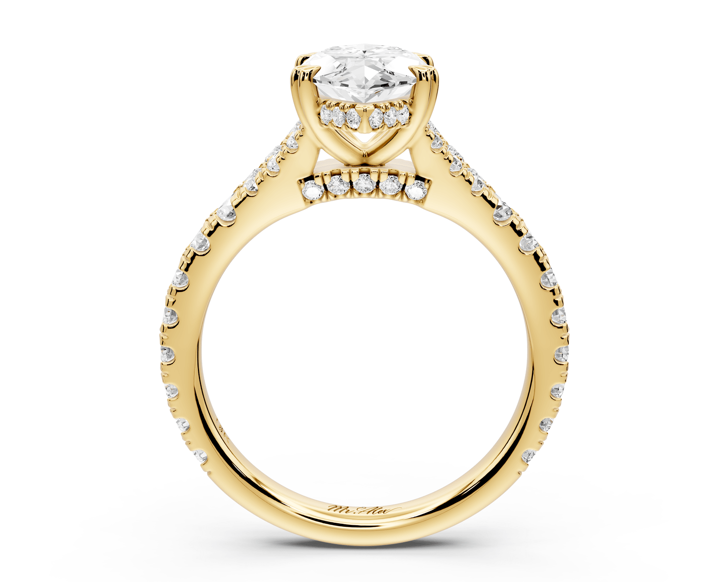 Rosalie - 2ct 14k yellow gold marquise Pavé Cathedral Hidden Halo with Diamond Bridge split shank Engagement Ring - Mr. Alex Jewelry
