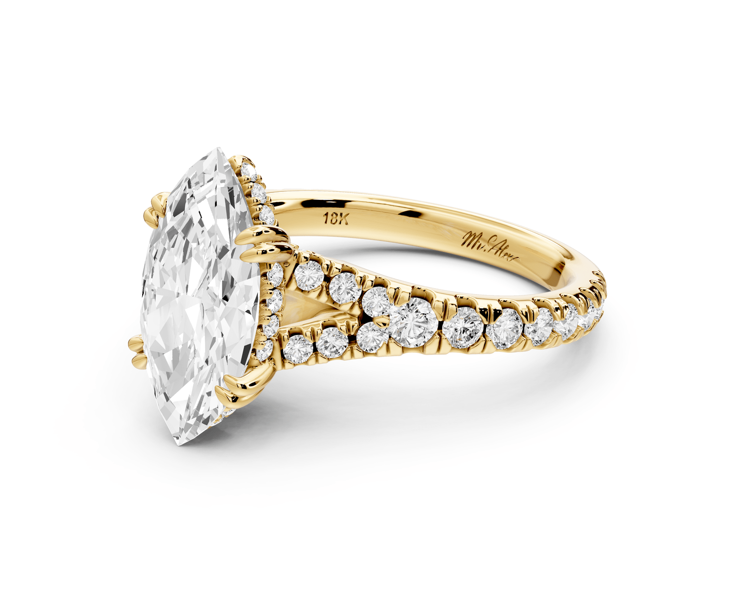 Rosalie - 2ct 14k yellow gold marquise Pavé Cathedral Hidden Halo with Diamond Bridge split shank Engagement Ring - Mr. Alex Jewelry