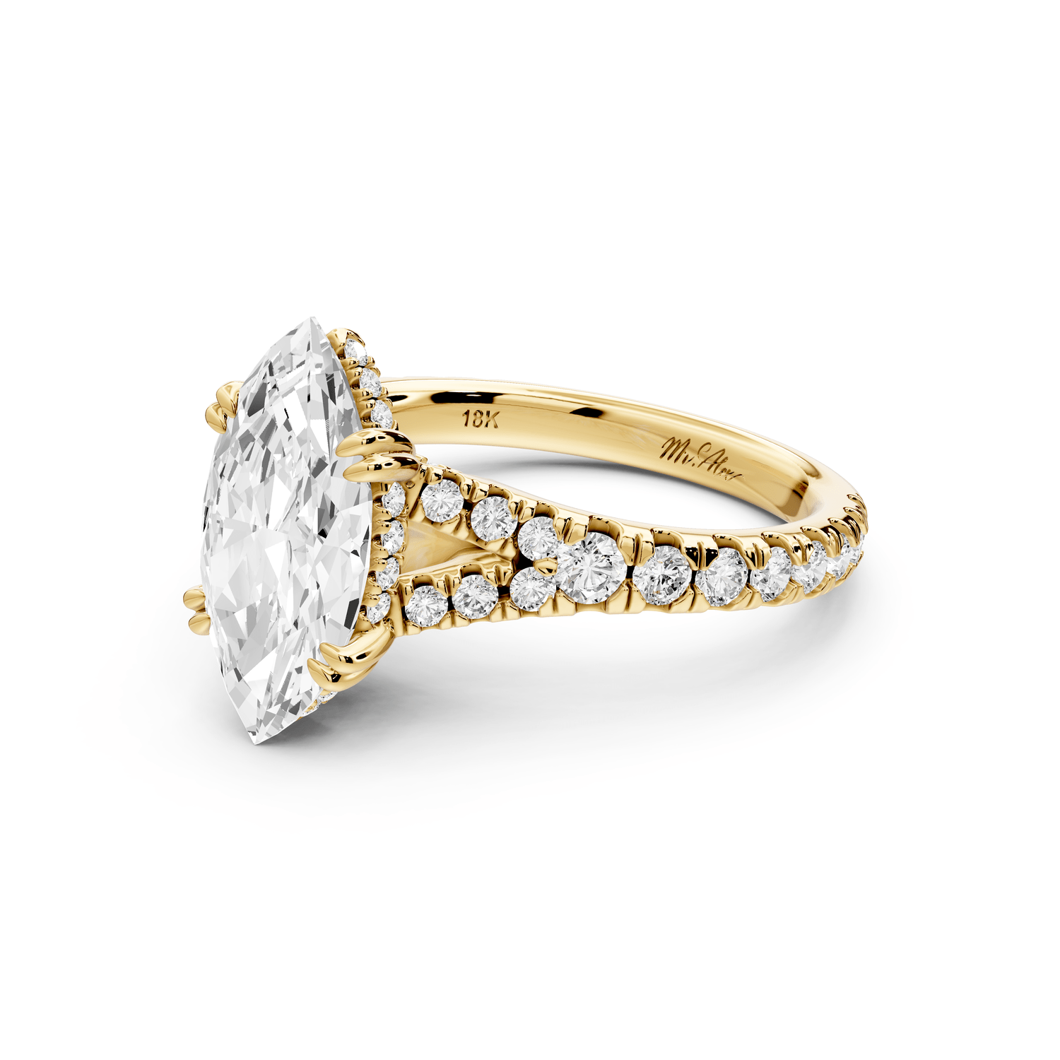 Rosalie - 2ct 14k yellow gold marquise Pavé Cathedral Hidden Halo with Diamond Bridge split shank Engagement Ring - Mr. Alex Jewelry