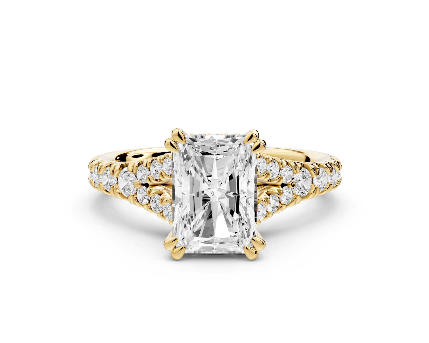 Rosalie - 2ct 14k yellow gold radiant Pavé Cathedral Hidden Halo with Diamond Bridge split shank Engagement Ring - Mr. Alex Jewelry