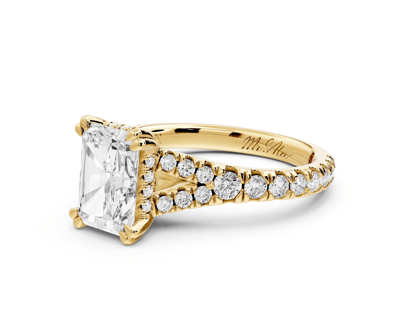 Rosalie - 2ct 14k yellow gold radiant Pavé Cathedral Hidden Halo with Diamond Bridge split shank Engagement Ring - Mr. Alex Jewelry
