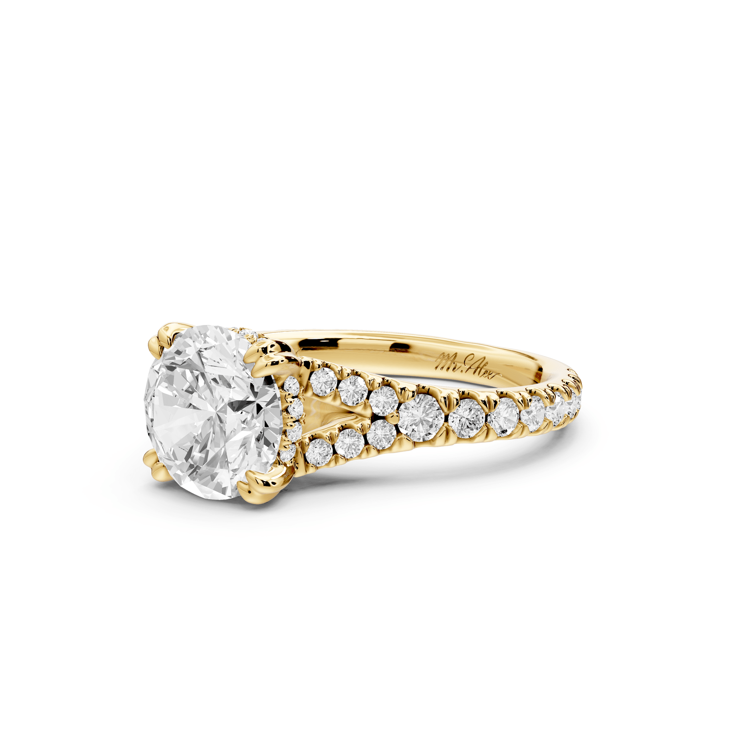 Rosalie - 2ct 14k yellow gold round Pavé Cathedral Hidden Halo with Diamond Bridge split shank Engagement Ring - Mr. Alex Jewelry