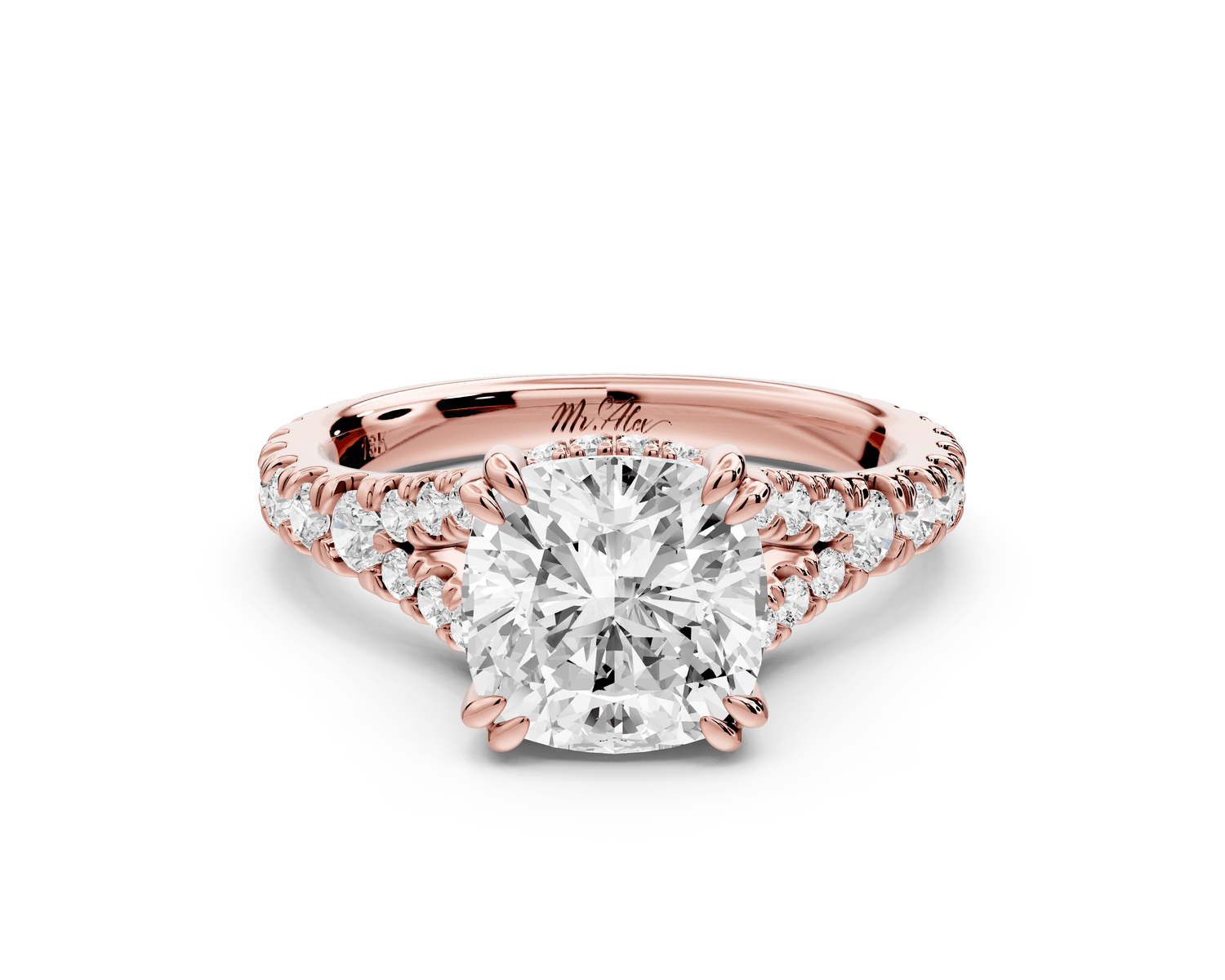 Rosalie - 2ct 18k rose gold cushion Pavé Cathedral Hidden Halo with Diamond Bridge split shank Engagement Ring - Mr. Alex Jewelry