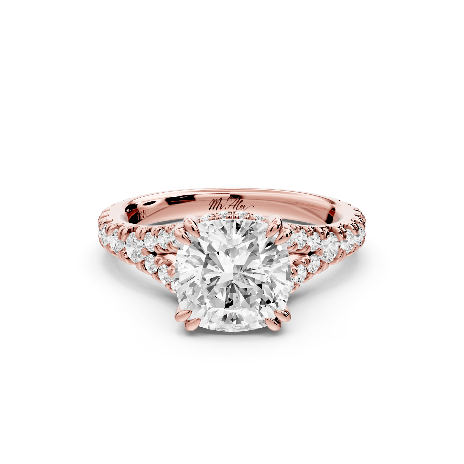 Rosalie - 2ct 18k rose gold cushion Pavé Cathedral Hidden Halo with Diamond Bridge split shank Engagement Ring - Mr. Alex Jewelry