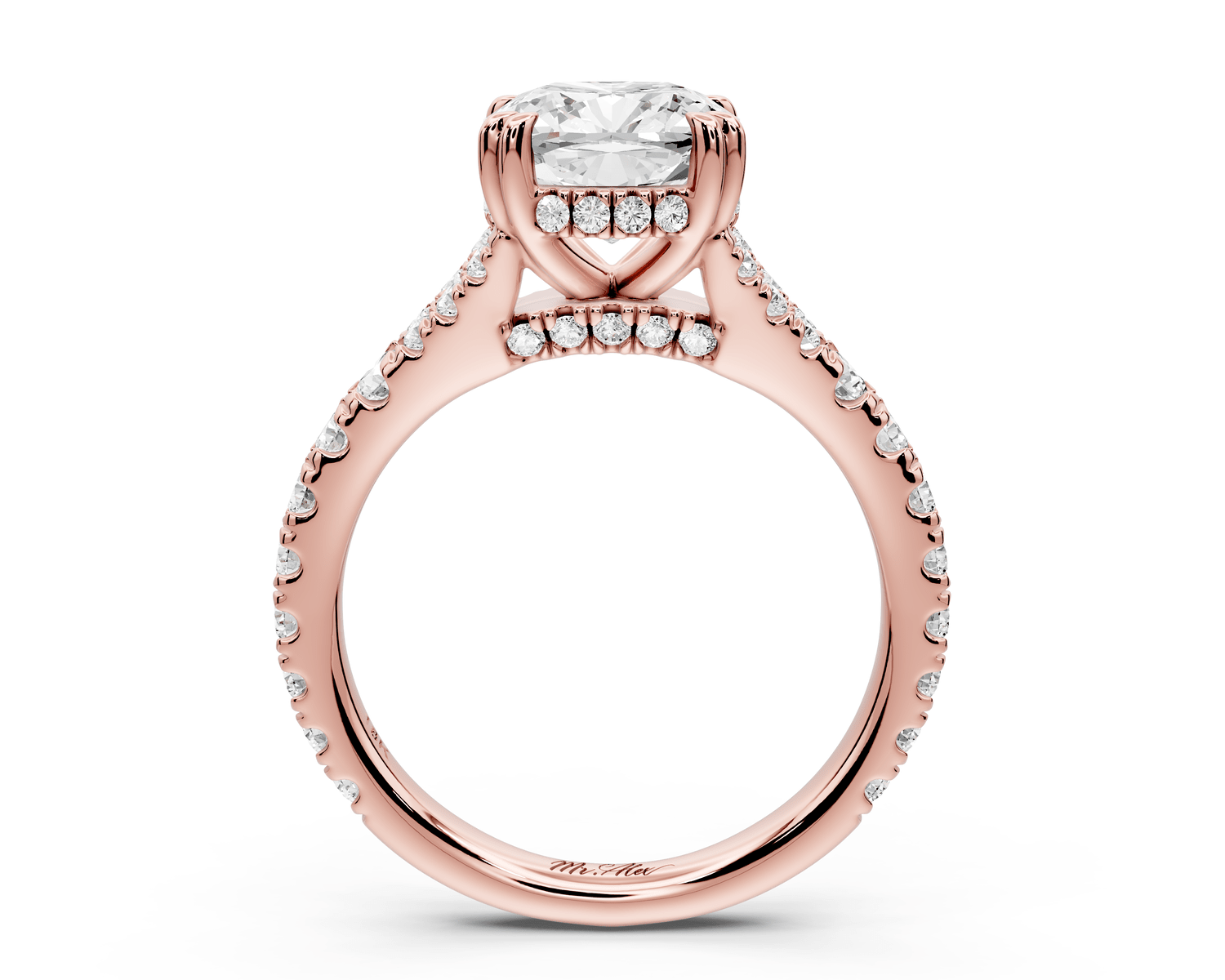 Rosalie - 2ct 18k rose gold cushion Pavé Cathedral Hidden Halo with Diamond Bridge split shank Engagement Ring - Mr. Alex Jewelry