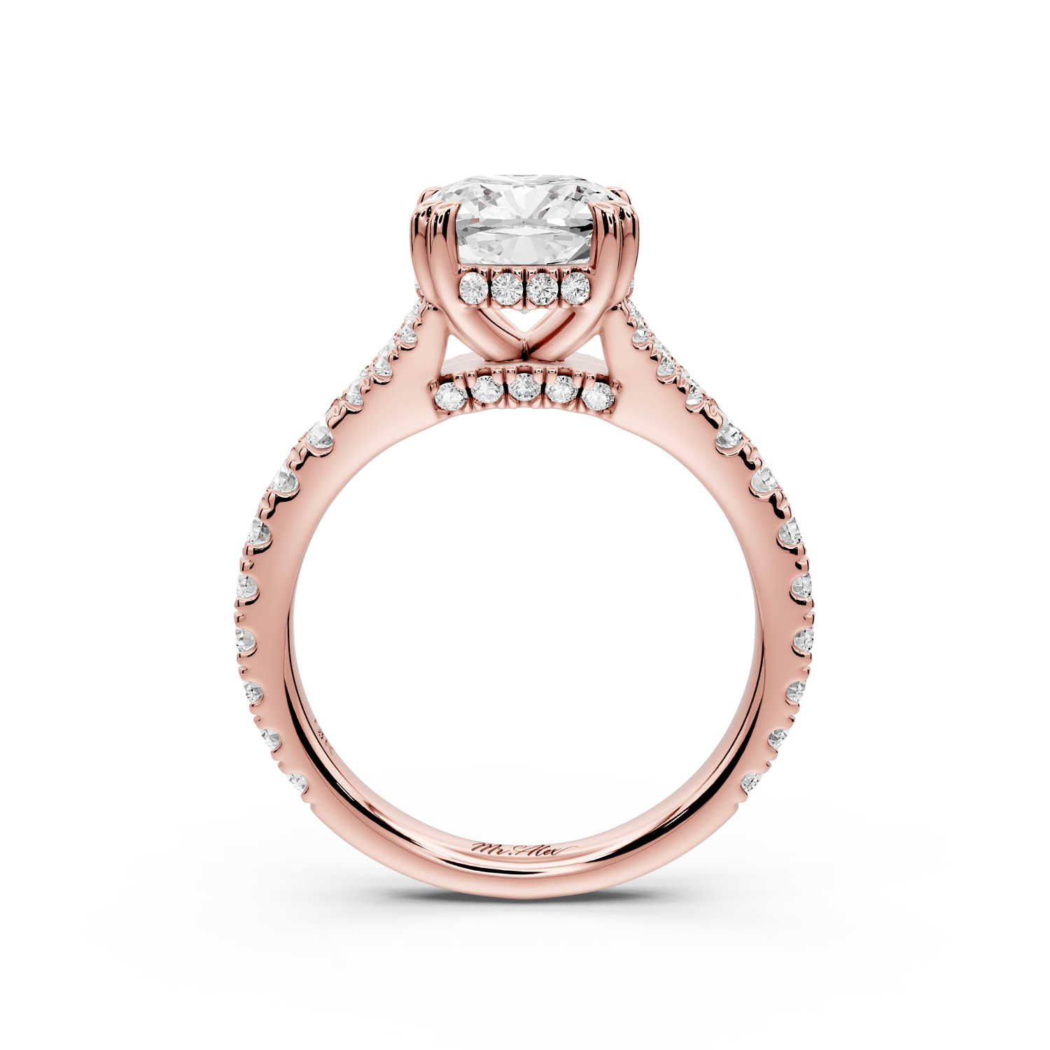 Rosalie - 2ct 18k rose gold cushion Pavé Cathedral Hidden Halo with Diamond Bridge split shank Engagement Ring - Mr. Alex Jewelry