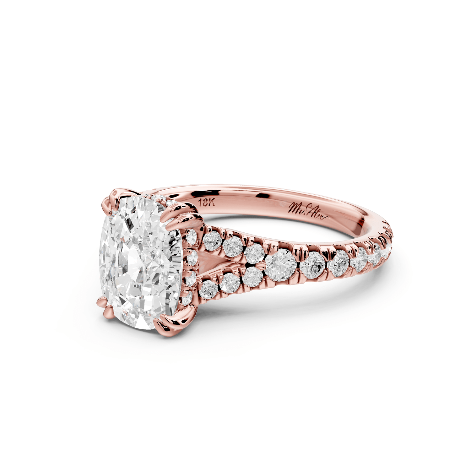 Rosalie - 2ct 18k rose gold ecushion Pavé Cathedral Hidden Halo with Diamond Bridge split shank Engagement Ring - Mr. Alex Jewelry
