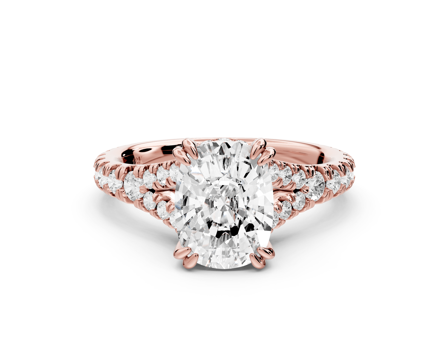 Rosalie - 2ct 18k rose gold ecushion Pavé Cathedral Hidden Halo with Diamond Bridge split shank Engagement Ring - Mr. Alex Jewelry
