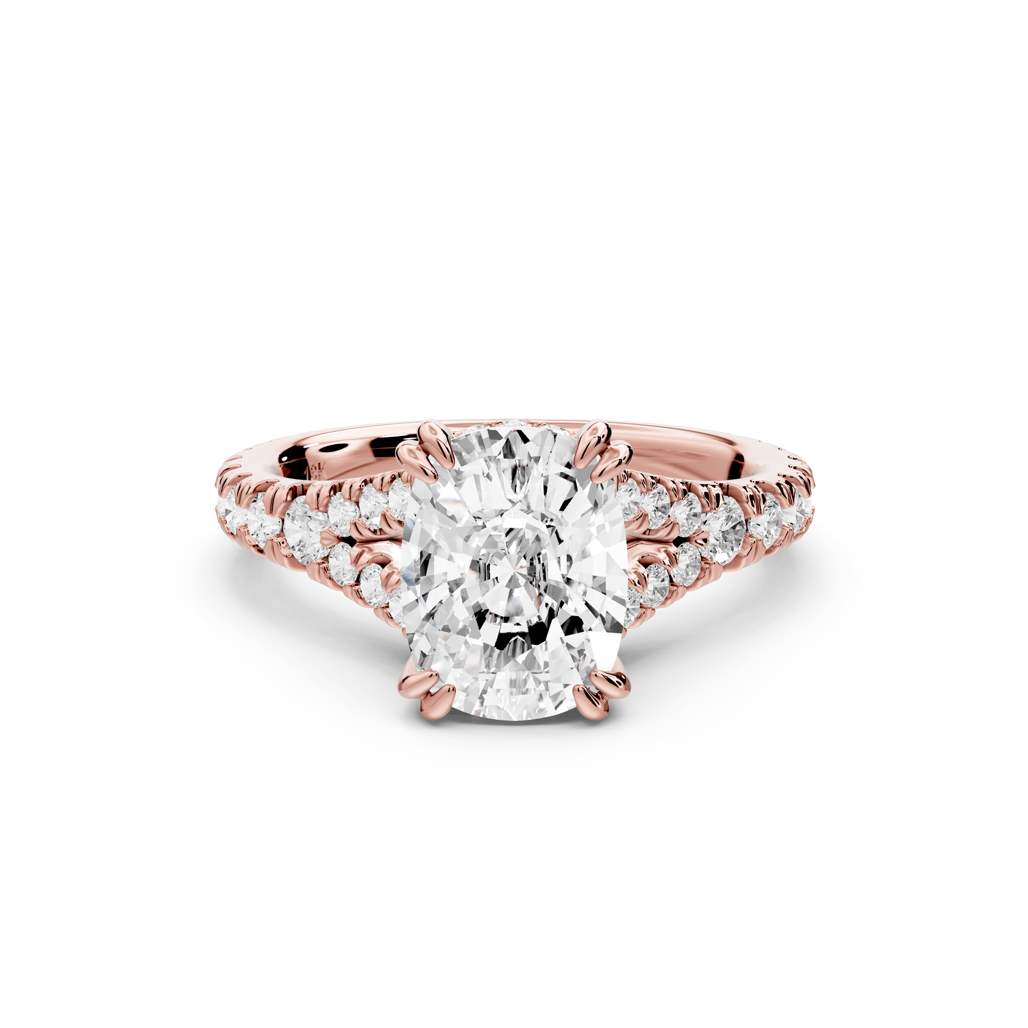 Rosalie - 2ct 18k rose gold ecushion Pavé Cathedral Hidden Halo with Diamond Bridge split shank Engagement Ring - Mr. Alex Jewelry