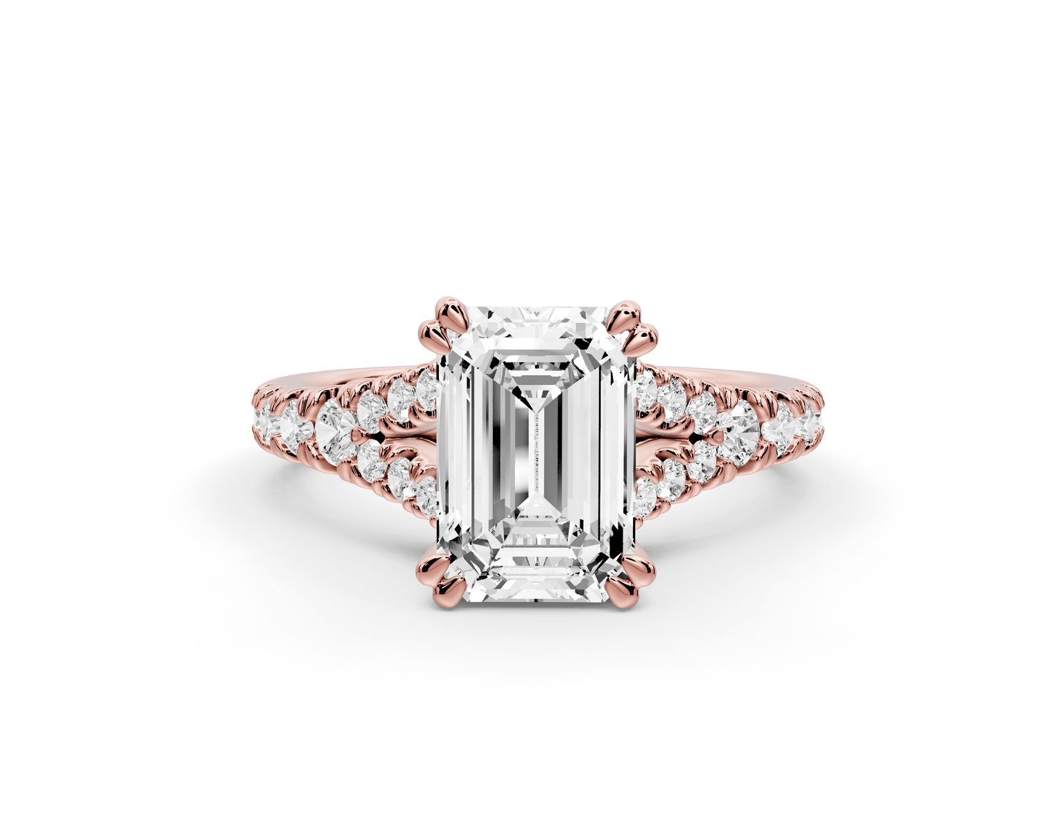 Rosalie - 2ct 18k rose gold emerald Pavé Cathedral Hidden Halo with Diamond Bridge split shank Engagement Ring - Mr. Alex Jewelry