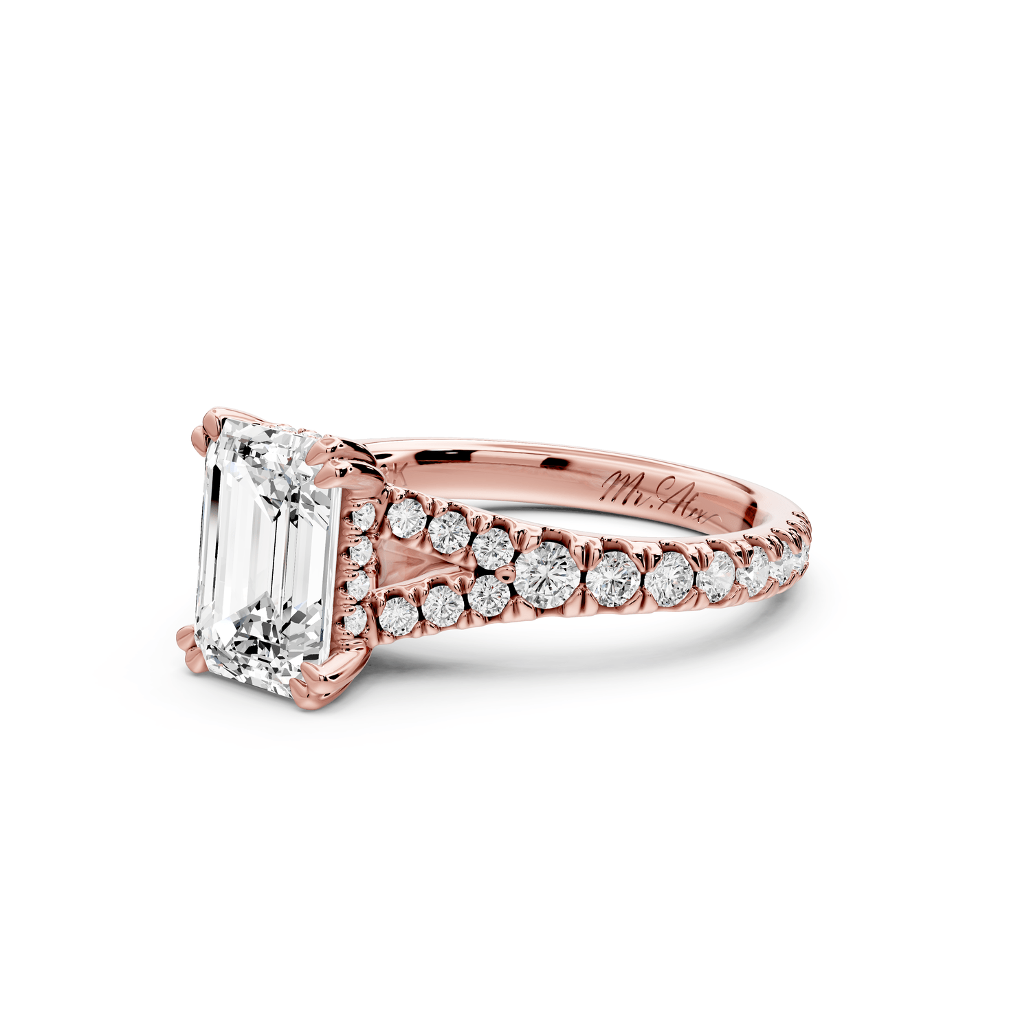Rosalie - 2ct 18k rose gold emerald Pavé Cathedral Hidden Halo with Diamond Bridge split shank Engagement Ring - Mr. Alex Jewelry