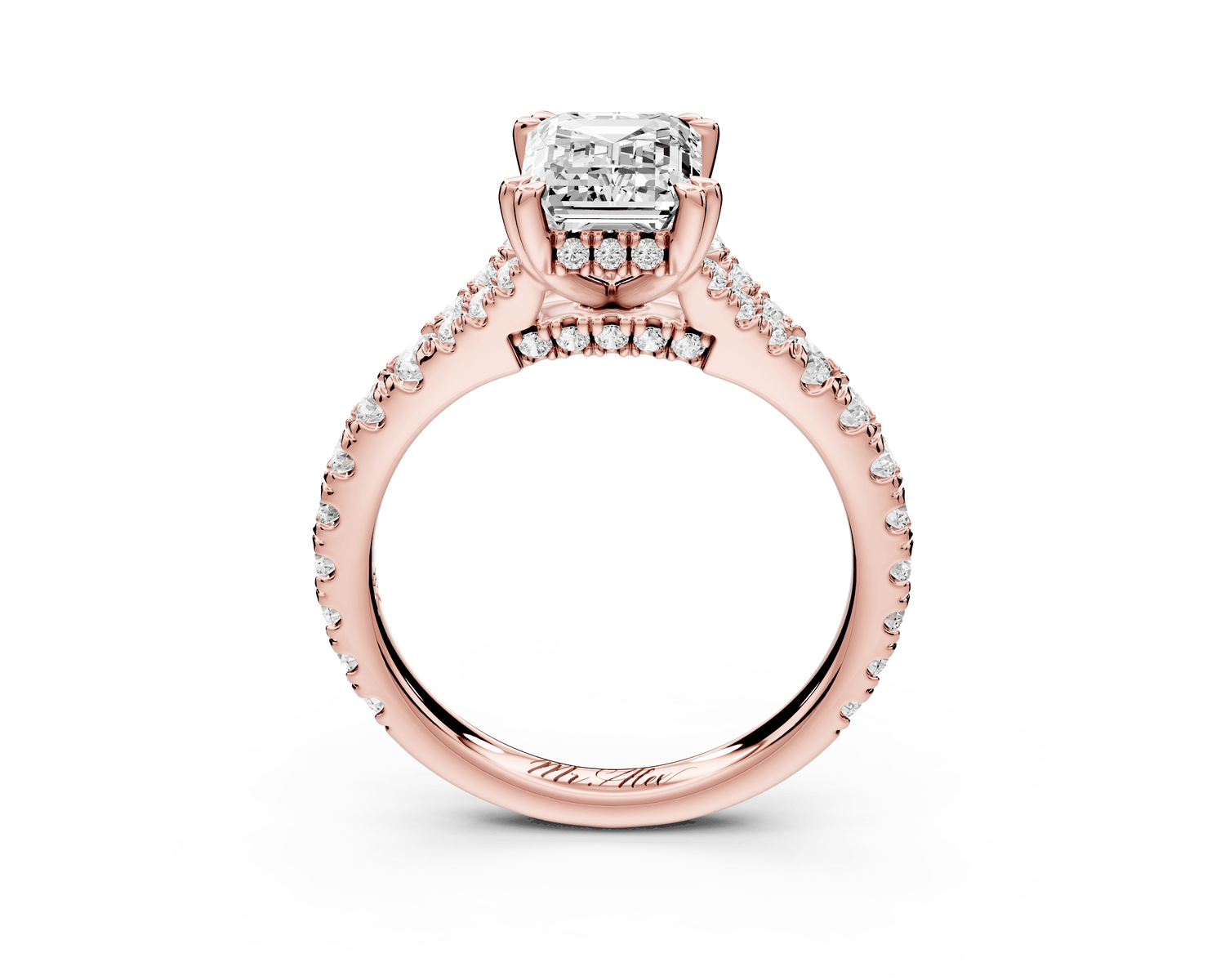 Rosalie - 2ct 18k rose gold emerald Pavé Cathedral Hidden Halo with Diamond Bridge split shank Engagement Ring - Mr. Alex Jewelry