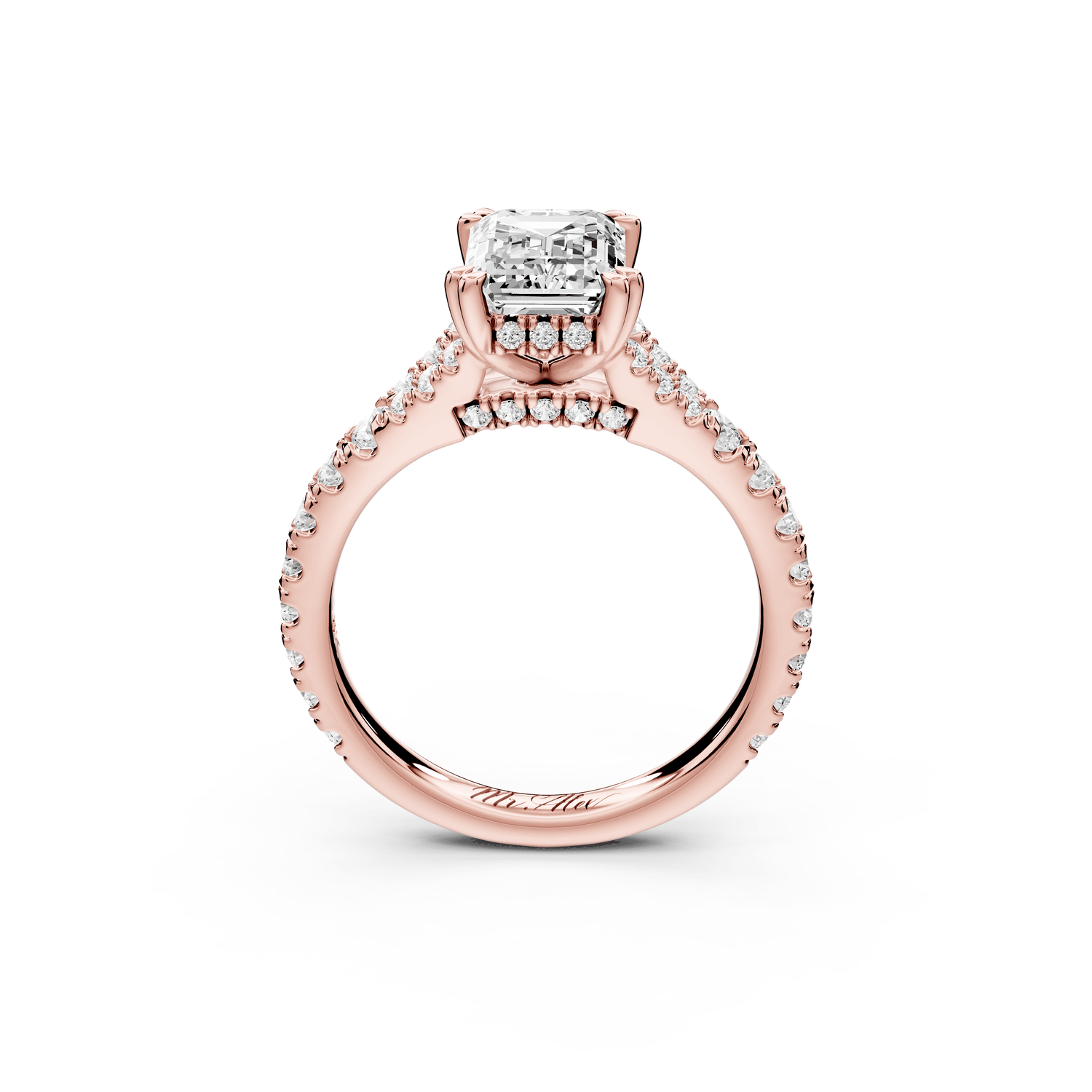Rosalie - 2ct 18k rose gold emerald Pavé Cathedral Hidden Halo with Diamond Bridge split shank Engagement Ring - Mr. Alex Jewelry