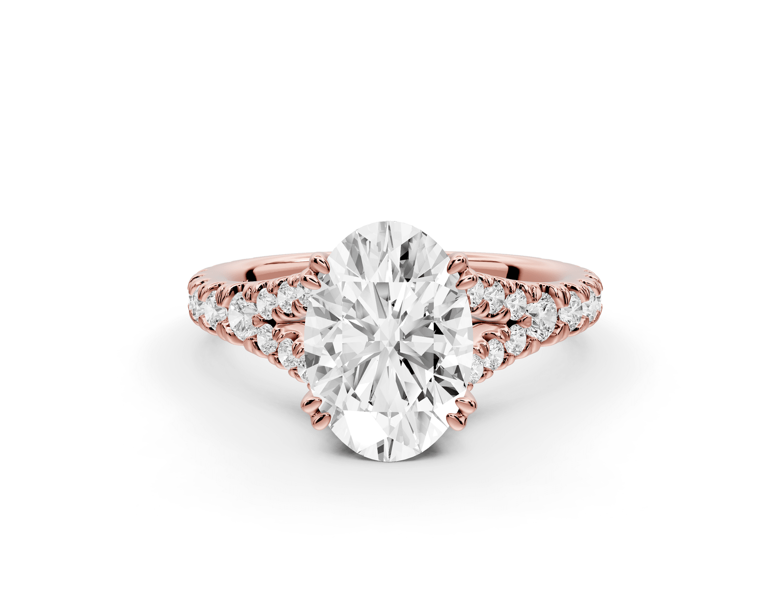 Rosalie - 2ct 18k rose gold oval Pavé Cathedral Hidden Halo with Diamond Bridge split shank Engagement Ring - Mr. Alex Jewelry